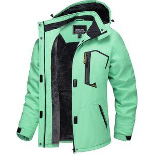 Women's Mint Green Windbreaker Waterproof Ski Snow Fleece Hood Jacket Coat